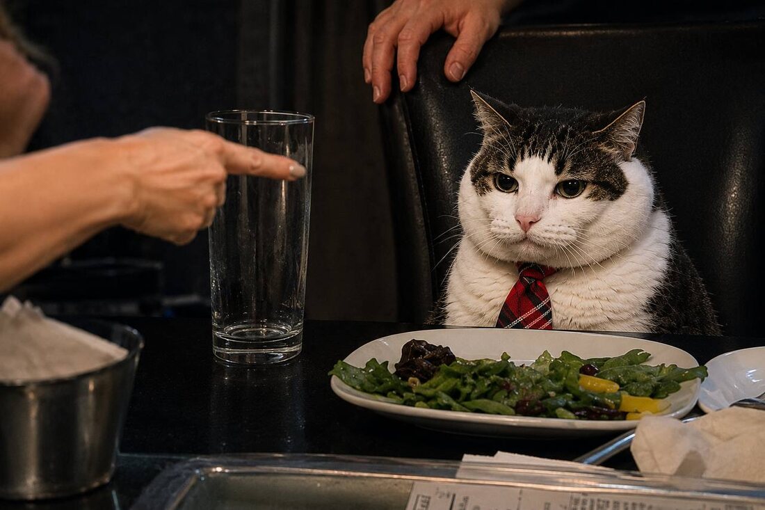 Chonks at the dinner table refusing a salad