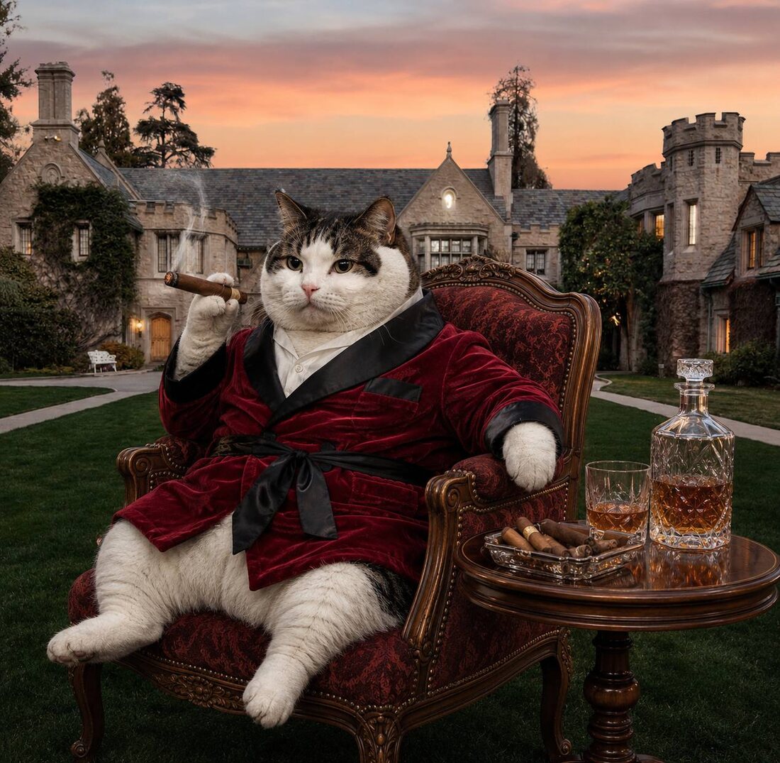 Chonks in a smoking jacket outside the estate